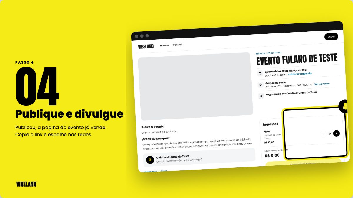 Passo 4: página pública do evento, com a caixa de ingressos para compra em destaque.