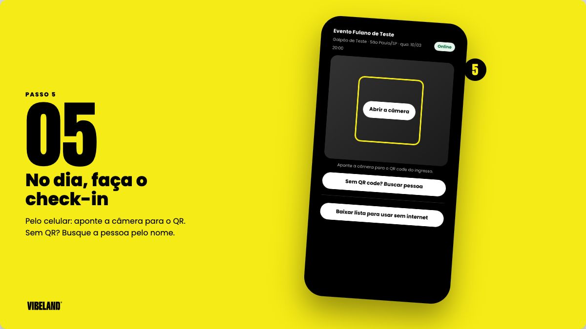 Passo 5: tela de check-in no celular, com o botão Abrir a câmera e a busca Sem QR code.